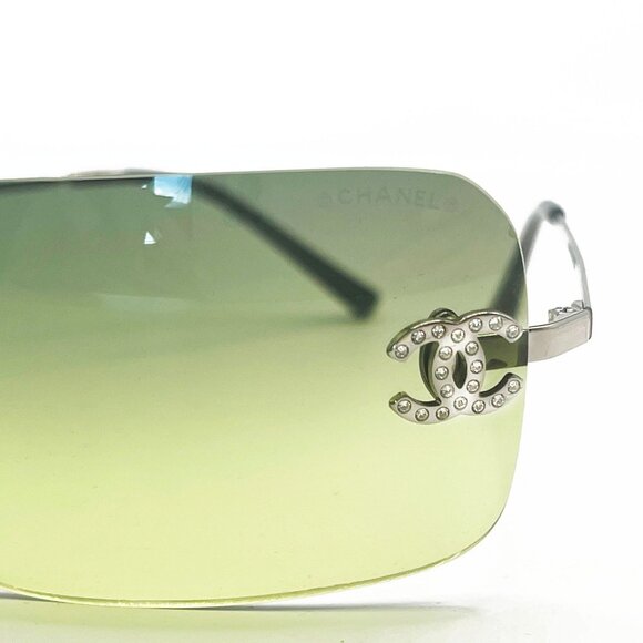 💚 RARE Chanel Vintage Sunglasses Rhinestone CC Logo Rimless Gradient Green Tint - Picture 6 of 11